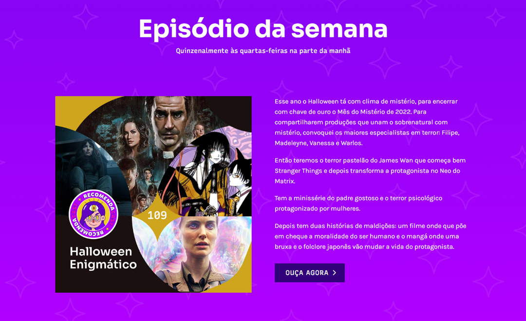 Recomendationcast homepage with the cover of the latest episode released, a summary, and a button to access the episode's page